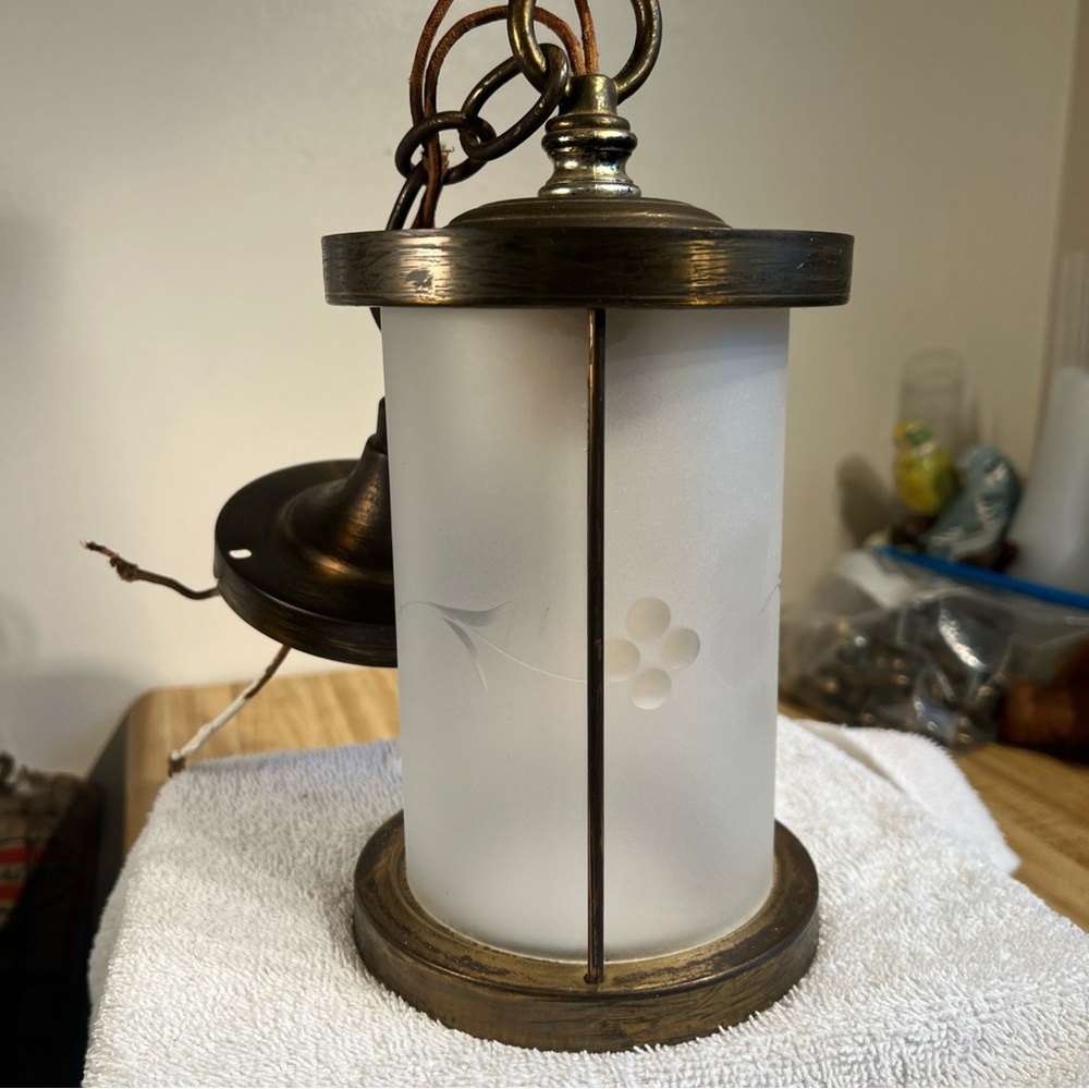 ANTIQUE BRASS And Frosted Etched Glass PORCH or FOYER LIGHT FIXTURE